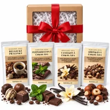 Dárková sada kávy Čokoládová – Vanilková, Oříšková, Belgické pralinky, Peppermintová (4×100 g)