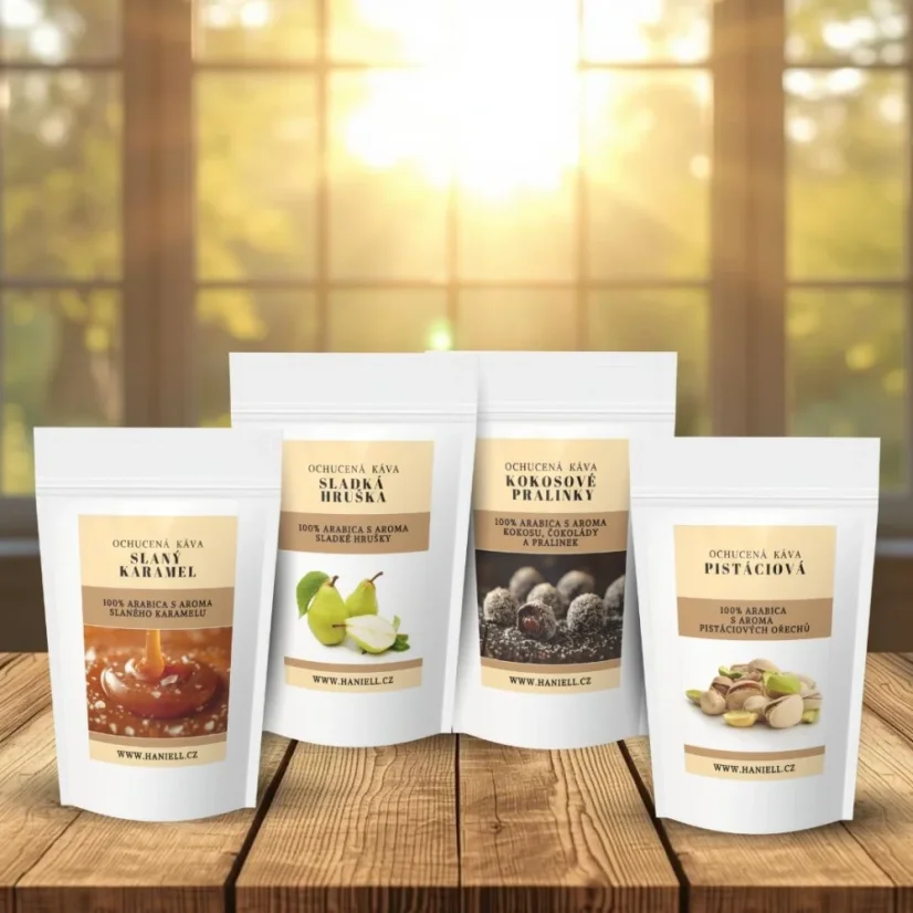 Degustačná sada kávy Haniell špeciál – Sladká hruška, Slaný karamel, Pistácie, Kokosové pralinky (4×100 g)