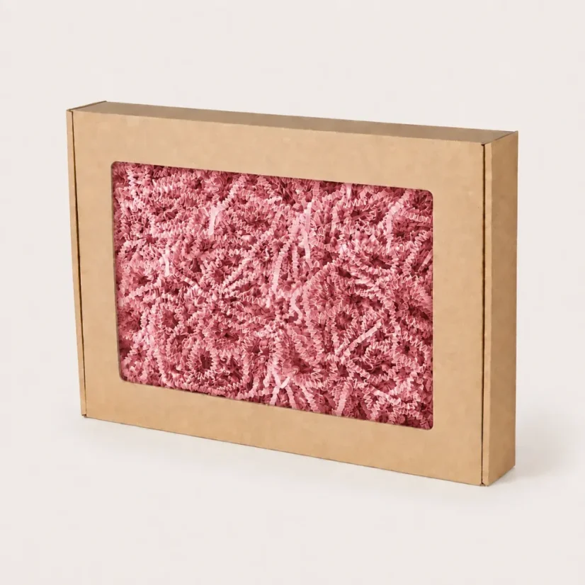 Dárková krabička s okénkem a růžovou výplní 350 × 250 × 50 mm