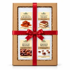 Dárková sada ochucených káv 4×100 g – Karamel, Tiramisu, Belgické pralinky, Kokosové pralinky