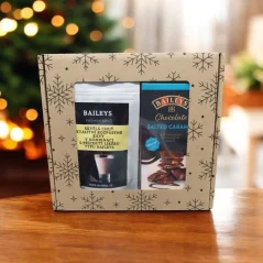 Vánoční dárek Haniell – káva Baileys a čokoláda Slaný karamel v dárkovém balení s vločkami