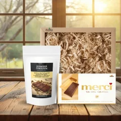 Darčeková sada rozpustnej kávy Dubajská čokoláda a čokolády Merci v krabičke