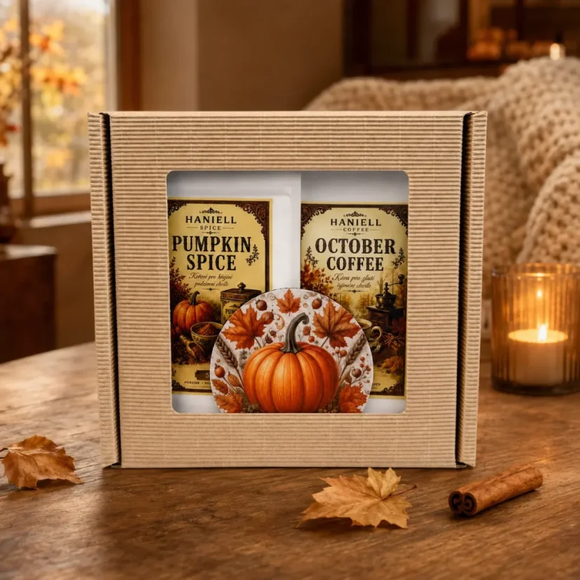 Dárková sada October Coffee – káva,koření  Pumpkin Spice a dýňový podtácek
